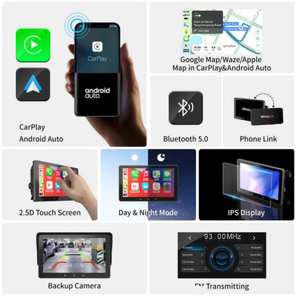 Sistema di navigazione portatile con CarPlay e Android Auto | 7 pollici | Bluetooth | Trasmettitore FM