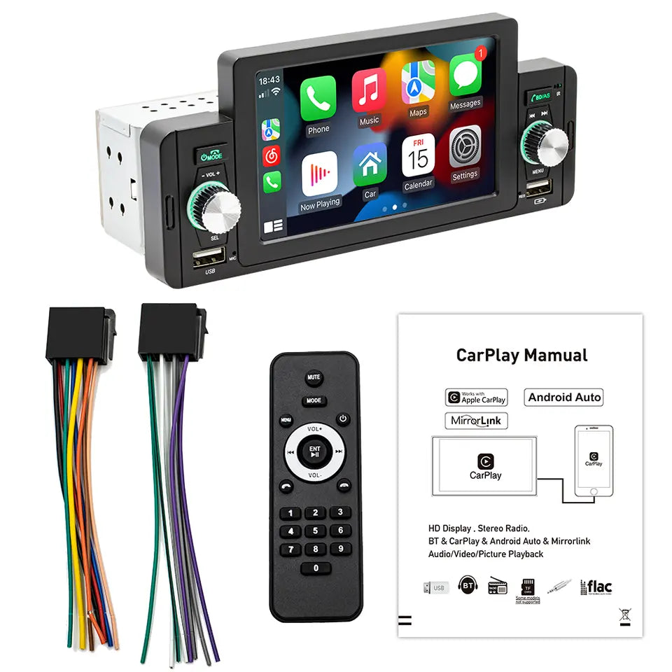 Stereo per auto 1 DIN 5" con CarPlay e Android Auto